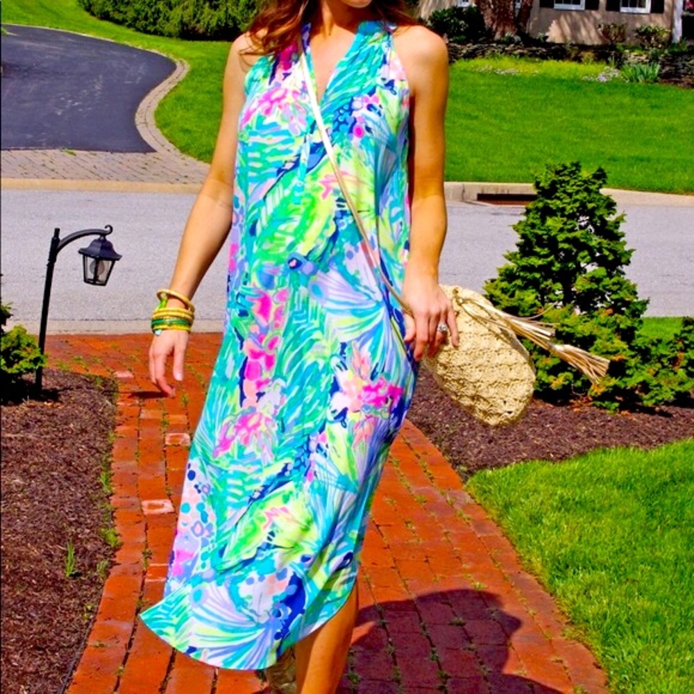 Lilly Pulitzer Tropical Leaf Print Midi Dress in Aqua, Lime & Pink - Picture 3 of 10